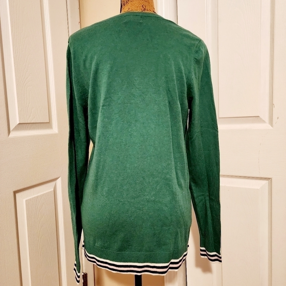 Old Navy Green Crewneck Sweater Varsity Striped Hems Women's Large L Spring EUC - Picture 3 of 7